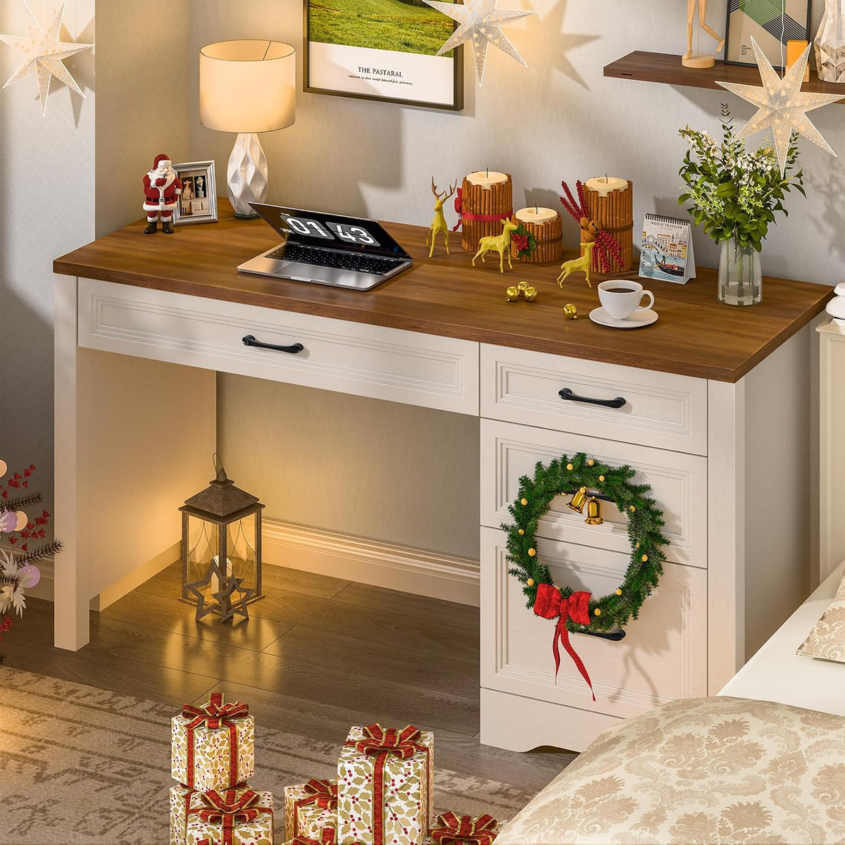 Vabches Farmhouse Executive Desk with Storage and Ample File Drawer, Rustic Large Home Writing Desk for Bedroom, White