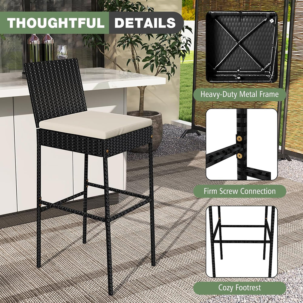 COSTWAY Outdoor Wicker Bar Stools Set of 2 with Cushion and Back Support