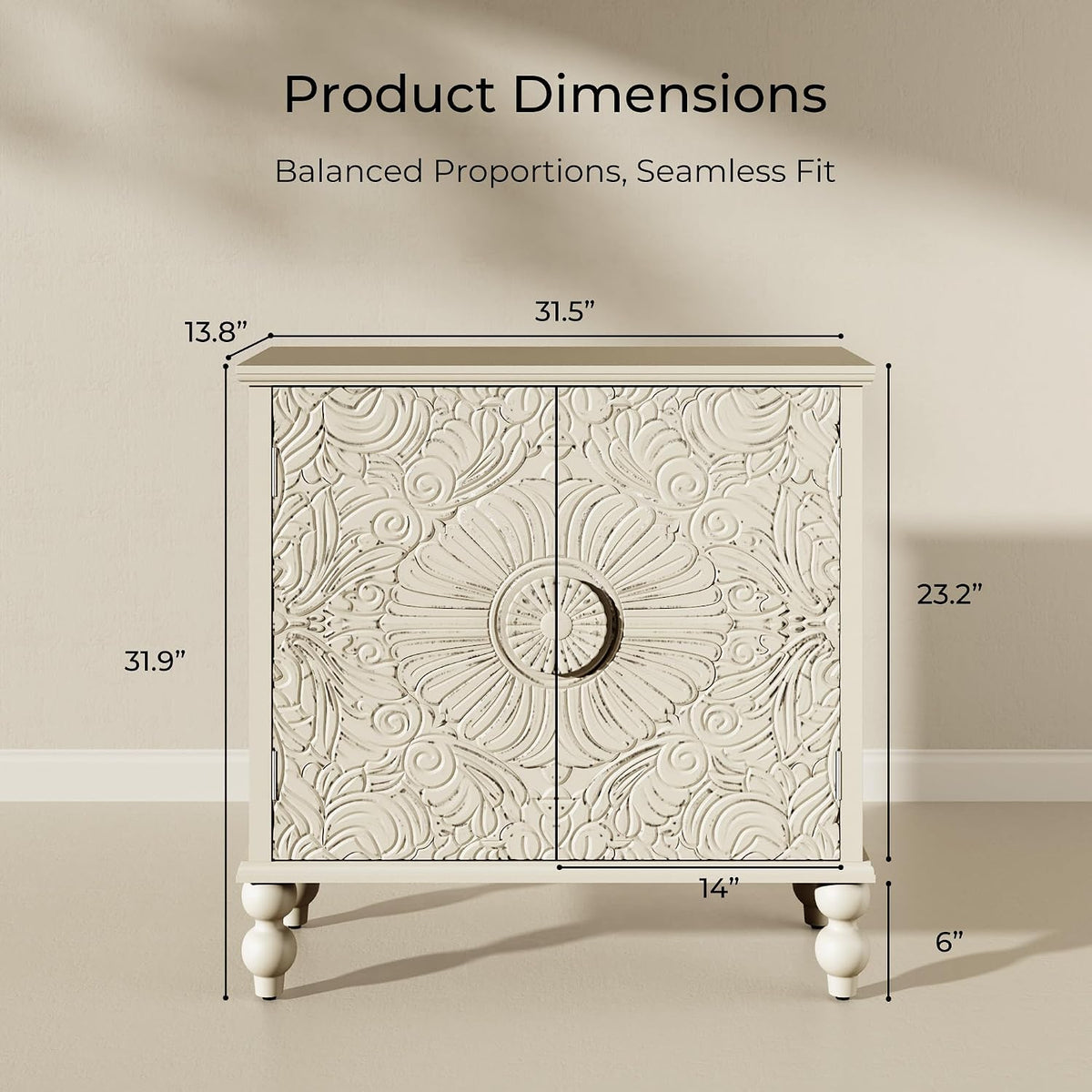 Solid Wood Buffet Cabinet, Accent Cabinet, 2 Carved Doors, Beige