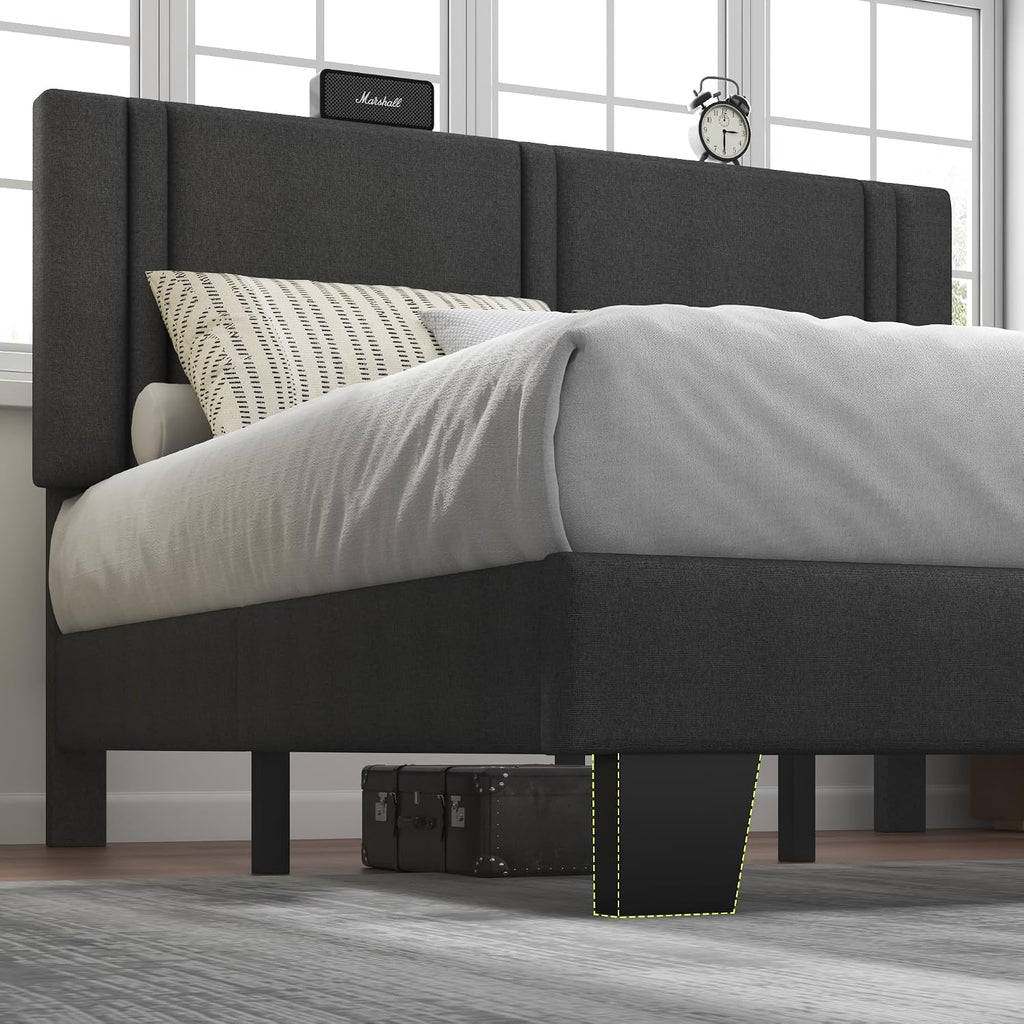 Feonase Full Size Platform Bed Frame, Fabric Upholstered Full Bed Frame, Solid Wood Slats & Heavy Duty Feet Support, No Box Spring Needed, Noise-Free, Easy Assembly, Dark Grey