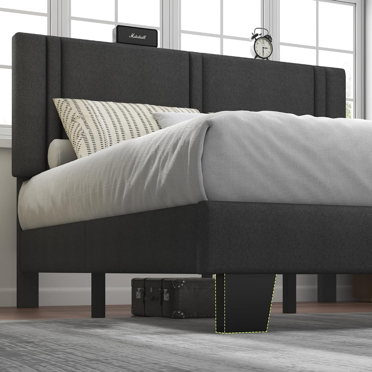 Feonase Full Size Platform Bed Frame, Fabric Upholstered Full Bed Frame, Solid Wood Slats & Heavy Duty Feet Support, No Box Spring Needed, Noise-Free, Easy Assembly, Dark Grey