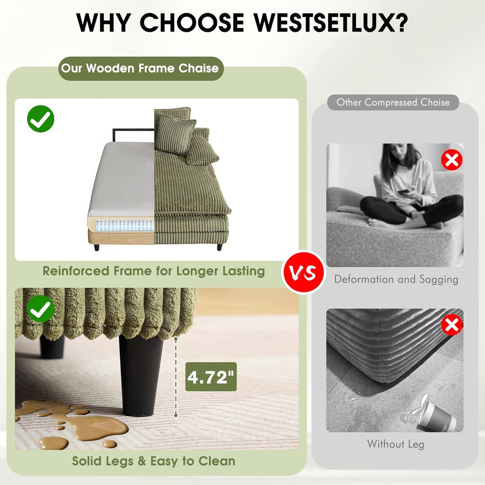 WESTSETLUX 55" W Oversized Chaise Lounge Sofa Couch with 5-Position Adju...