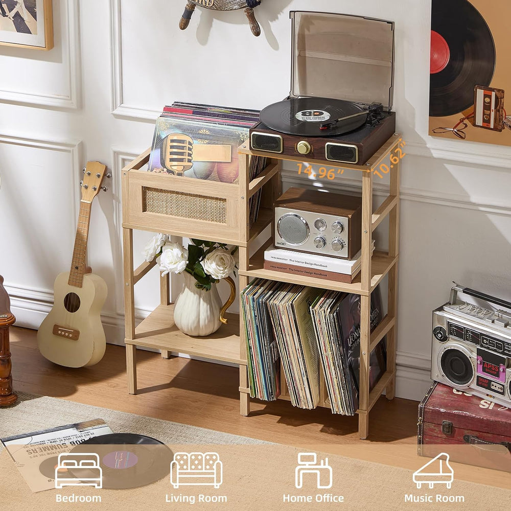 LELELINKY Record Player Stand, Natural Oak Wood Record Holder with Vinyl Stor...