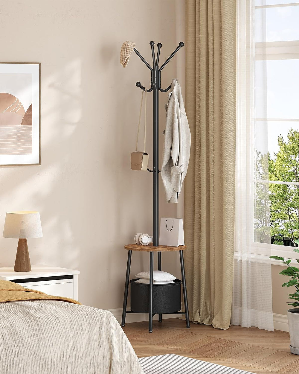 Hzuaneri Coat Rack, Free Standing Coat Stand with Large Storage Basket