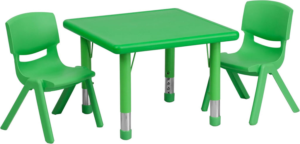 Flash Furniture 24 in Plastic Square Activity Table with 2 Chairs, Green | Height Adjustable Table, Plastic, Durable Construction, Commercial Use