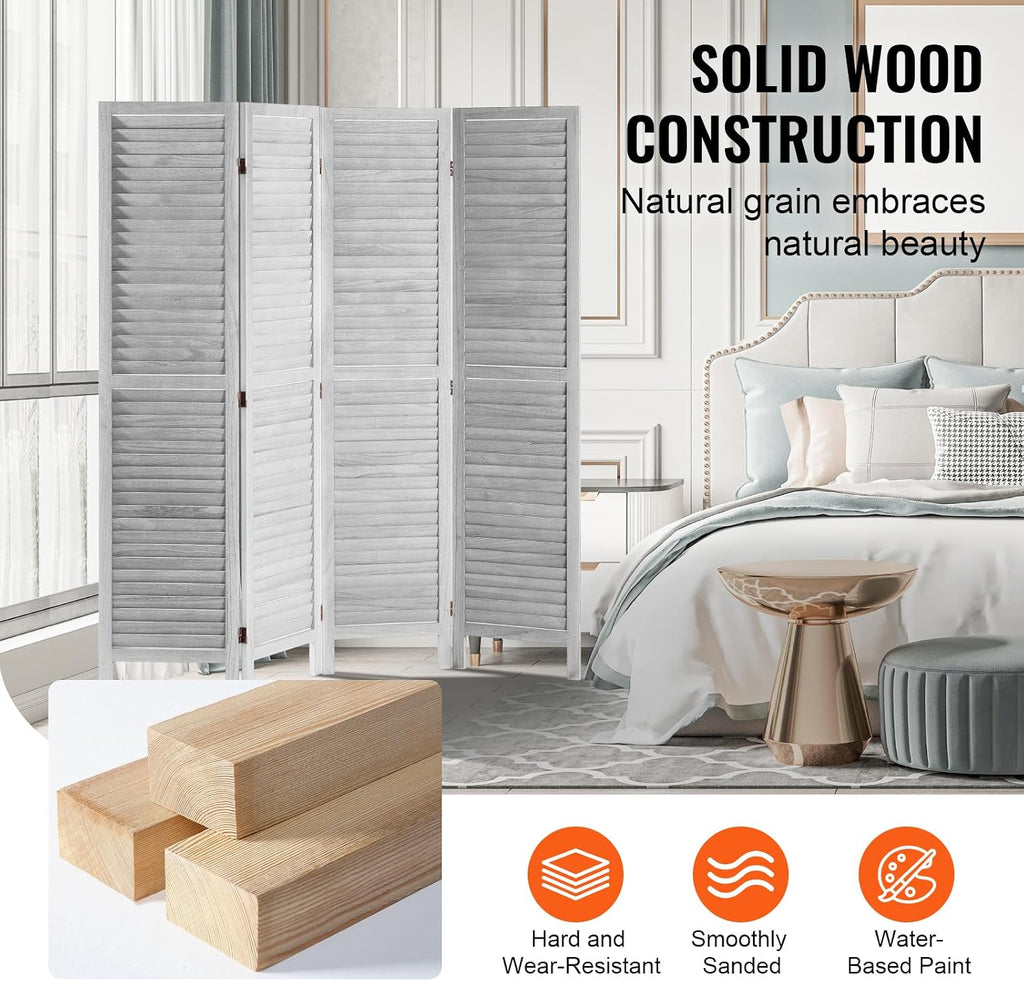 VEVOR Wood Room Divider, 4 Panel Folding Privacy Screen, 66.9 Inches Tall Indoor Wooden Partition, Portable Decoration Screen, for Room Separation, Home, Office, Restaurant & Bedroom (Light Grey)