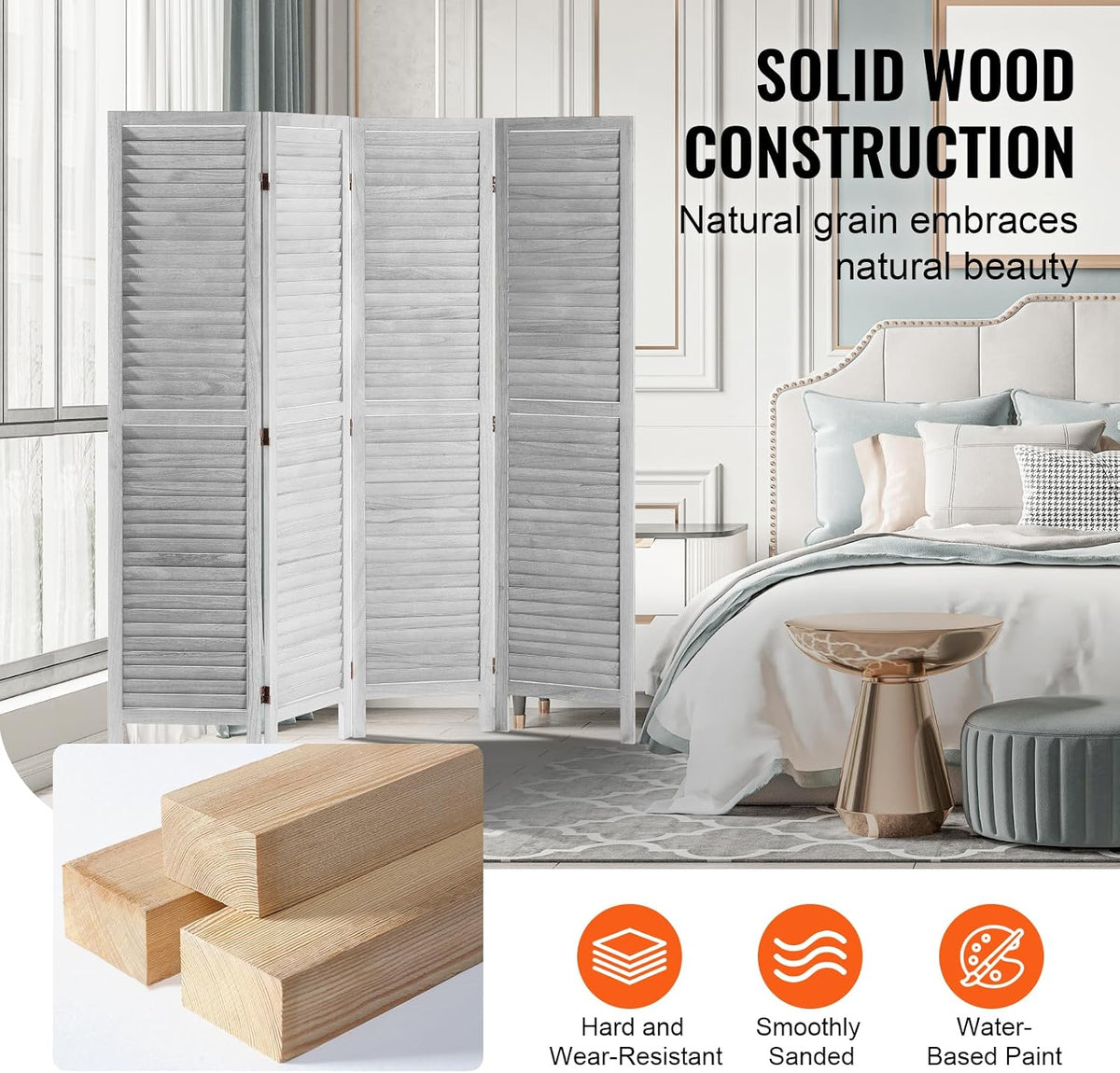 VEVOR Wood Room Divider, 4 Panel Folding Privacy Screen, 66.9 Inches Tall Indoor Wooden Partition, Portable Decoration Screen, for Room Separation, Home, Office, Restaurant & Bedroom (Light Grey)