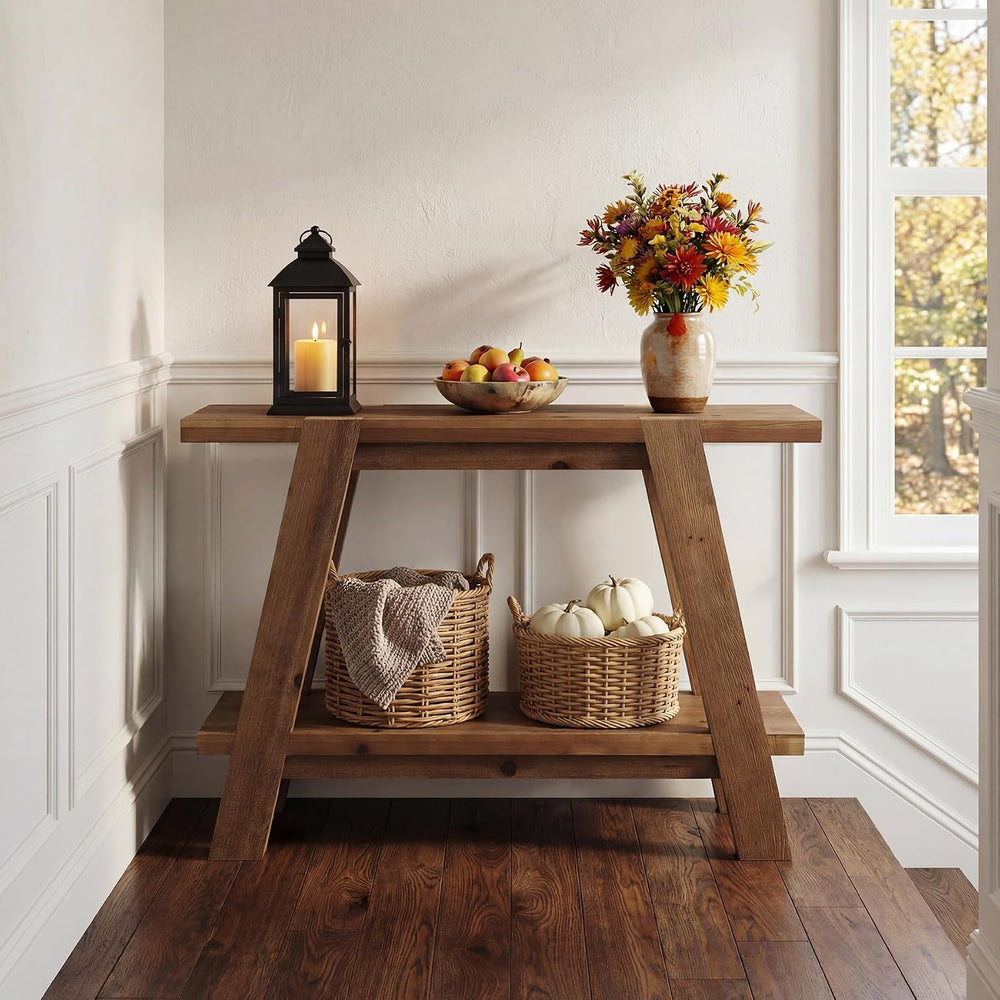 43.3" Solid Wood Entryway Table, 2-Tier Farmhouse Console Table with Sto...