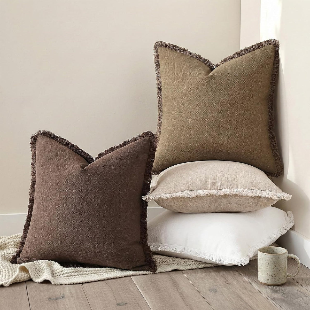 decorUhome Linen Fringe Chocolate Throw Pillow Covers 18x18 Set of 2