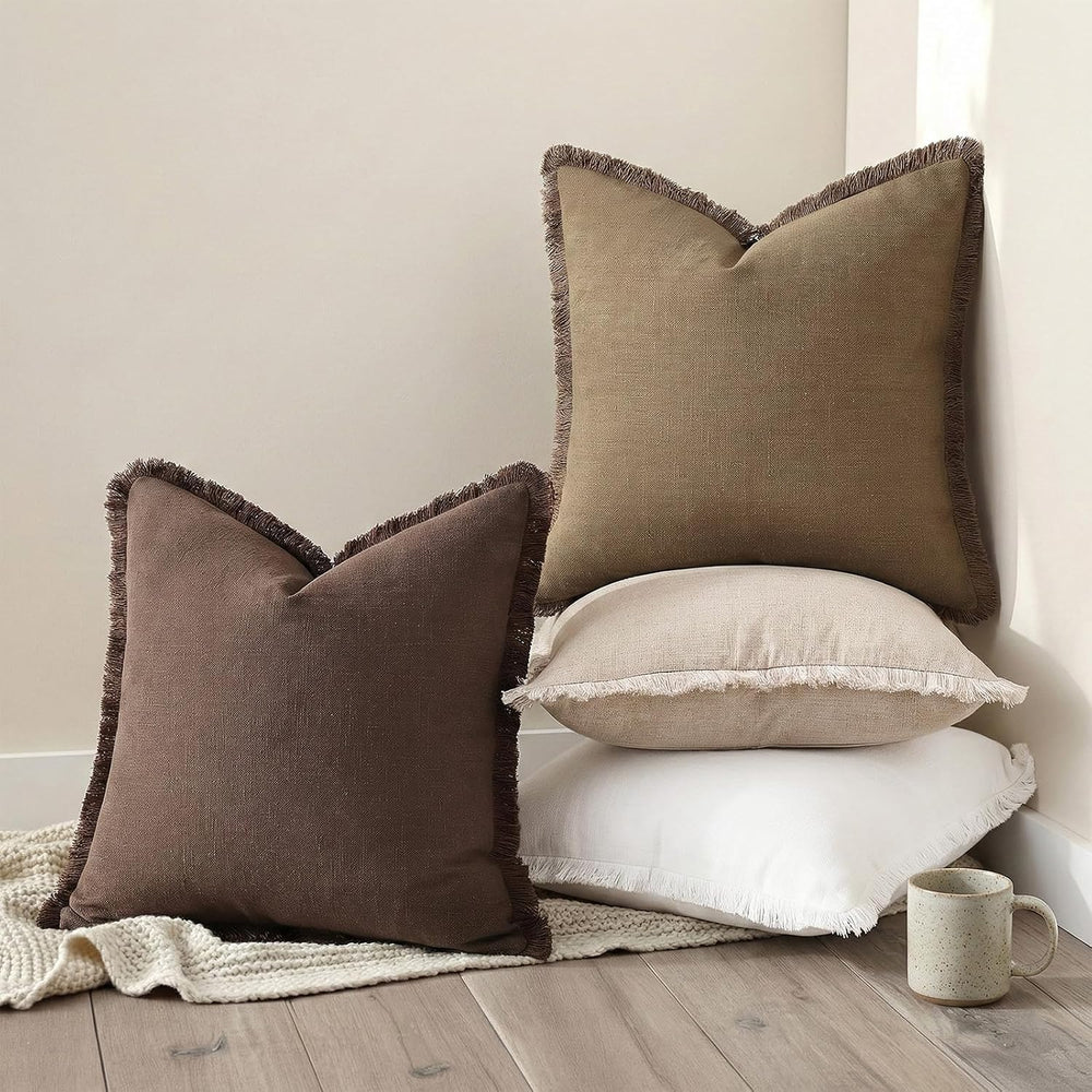 decorUhome Linen Fringe Chocolate Throw Pillow Covers 20x20 Set of 2