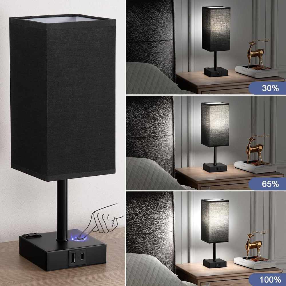 Set of 2 Black Table Lamp for Bedroom - Dimmable Touch, USB C+A, AC Outlet