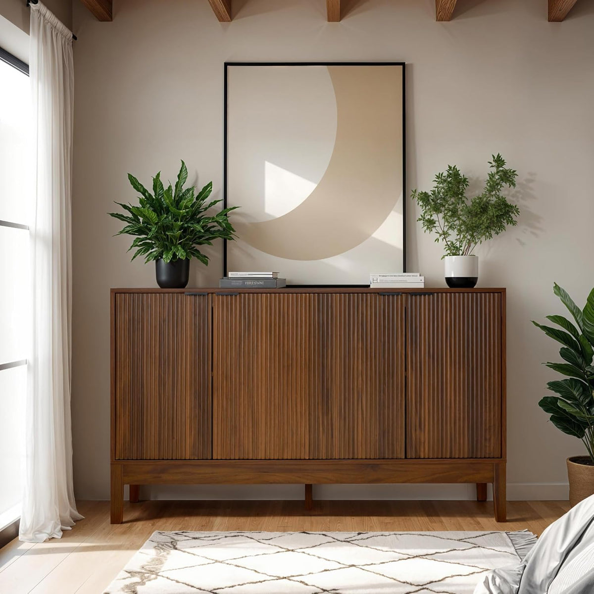Best Choice Products 55" Modern 4-Door Sideboard Storage Cabinet, Buffet, Media Cabinet, Cupboard, Entryway Accent Table, Bookcase w/Reed Panels and Adjustable Shelves – Walnut