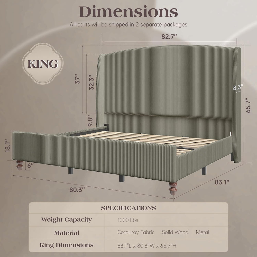King Size Upholstered Platform Bed Frame with 66" Tall Headboard, Gray