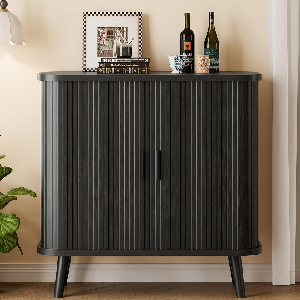 Xixini Fluted Sideboard Buffet Cabinet with Sliding Doors, 31.5", Black