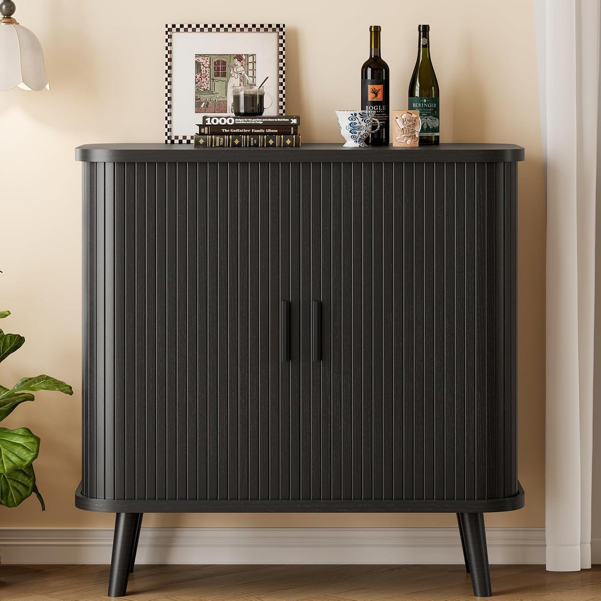 Xixini Fluted Sideboard Buffet Cabinet with Sliding Doors, 31.5", Black