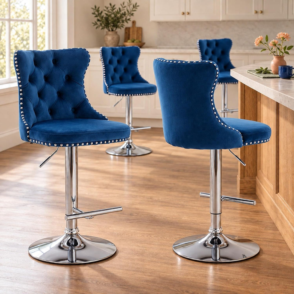 Swivel Counter Height Bar Stools Set of 4, Navy Kitchen Island Barstools, Vel...
