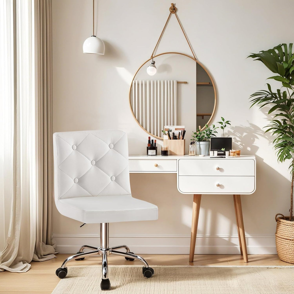 VECELO PU Leather Mid-Back Armless Vanity Chair Adjustable Height 360° Rolling Swivel for Home Office Work, White