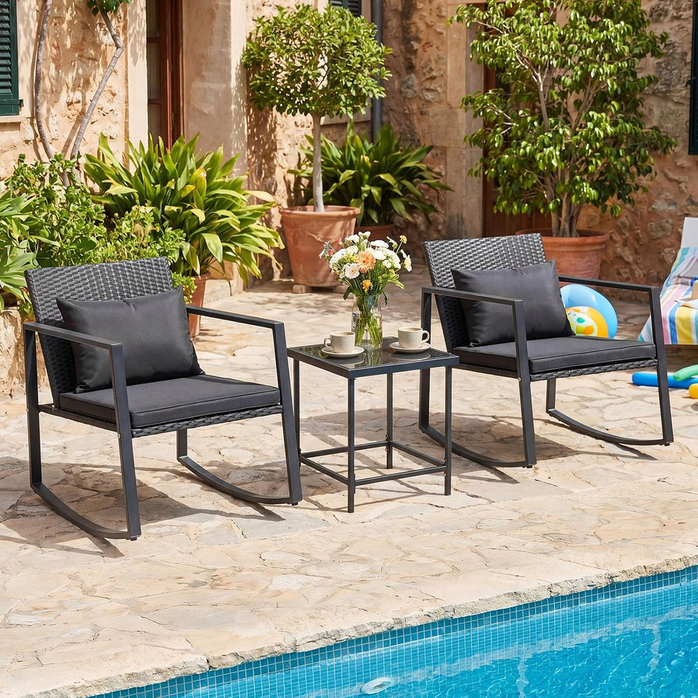 Tangkula 3-Piece Outdoor Rocking Chair Set, Black Cushion