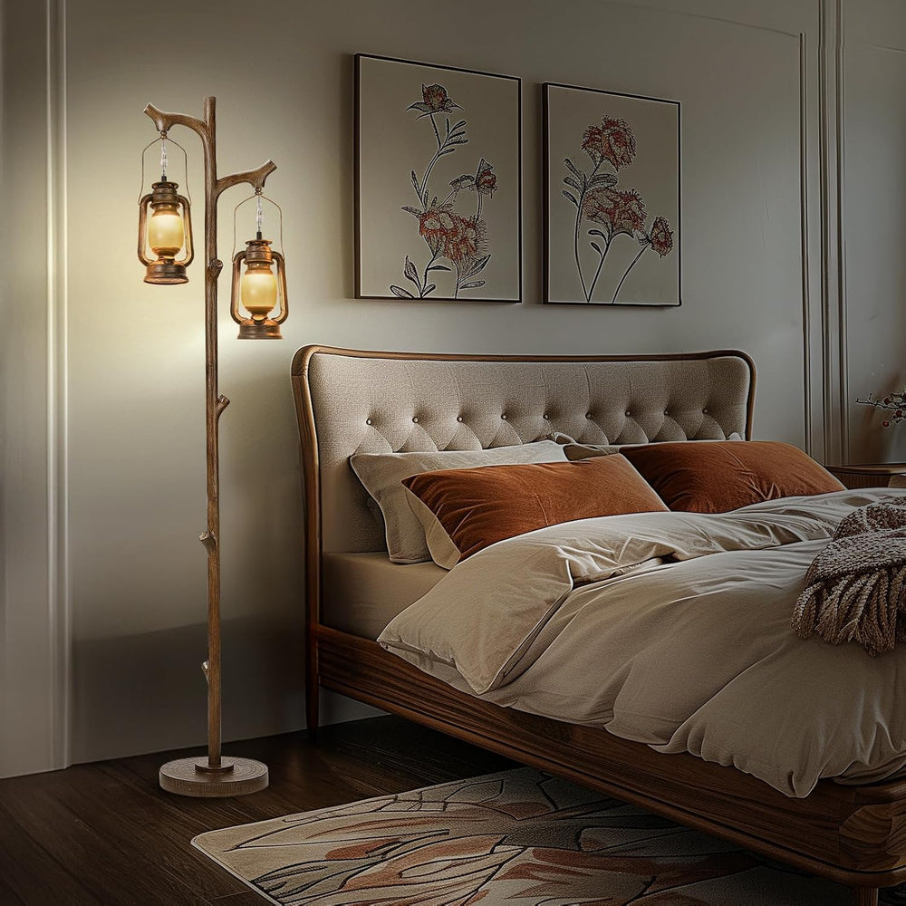 Scenekoy 68" Rustic Tree Trunk Floor Lamp with Lantern, Stepless Dimmable