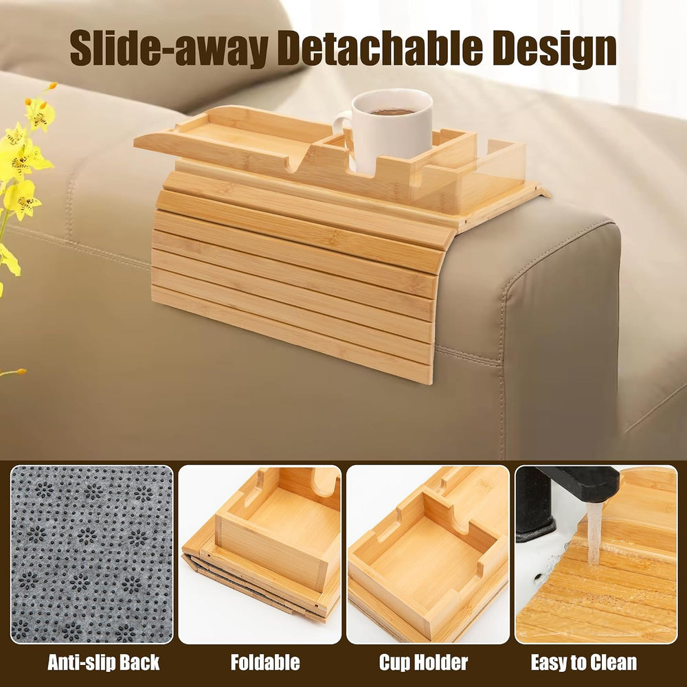 2 Pack Bamboo Couch Cup Holder, Foldable and Anti-Slip Sofa Arm Table with De...