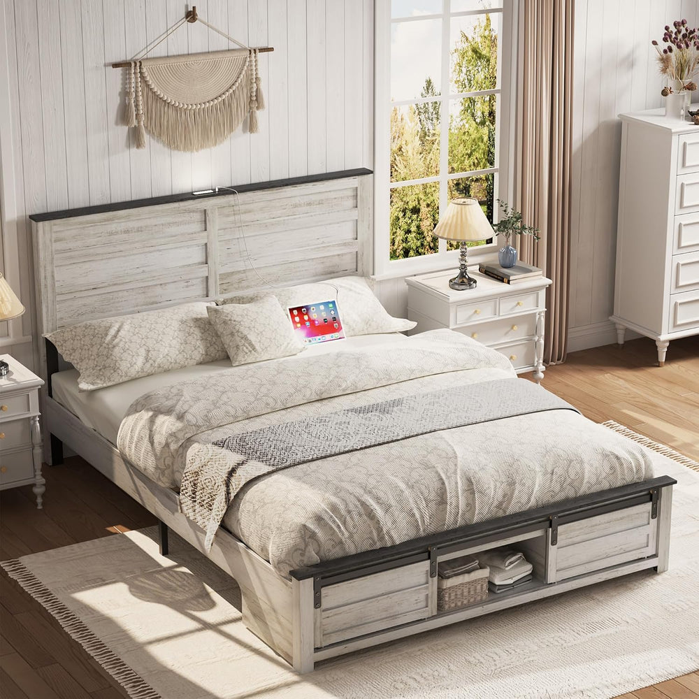 King Size Wooden Bed Frame with Headboard and Storage Footboard