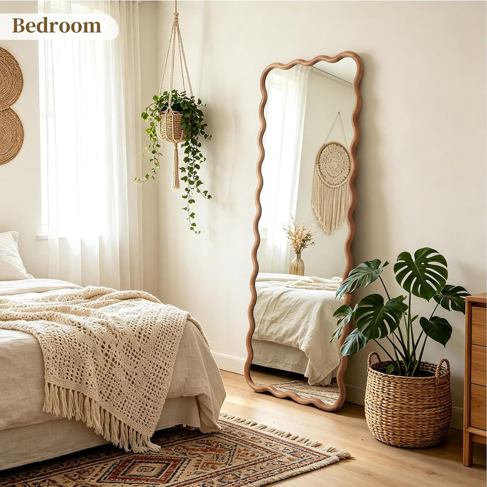 HOMECOOKIN 24"x65" Wood Full Length Mirror, Arched Natural Wood Boh...