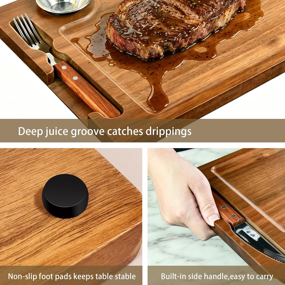 Acacia Wooden Steak Plate Board Set with Knife Fork & Sauce Cups 2 Set Pack