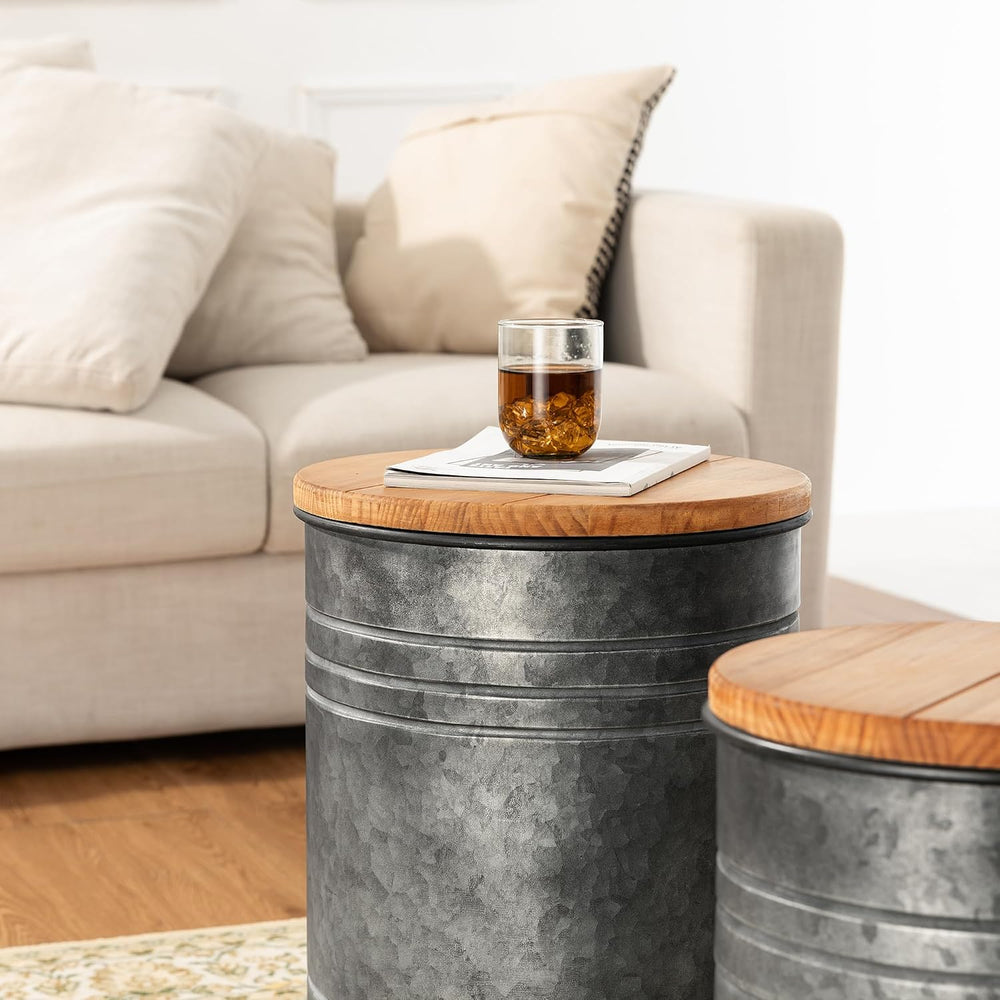 Glitzhome Farmhouse Accent Side Table, Metal Storage Stool Ottoman with Round...