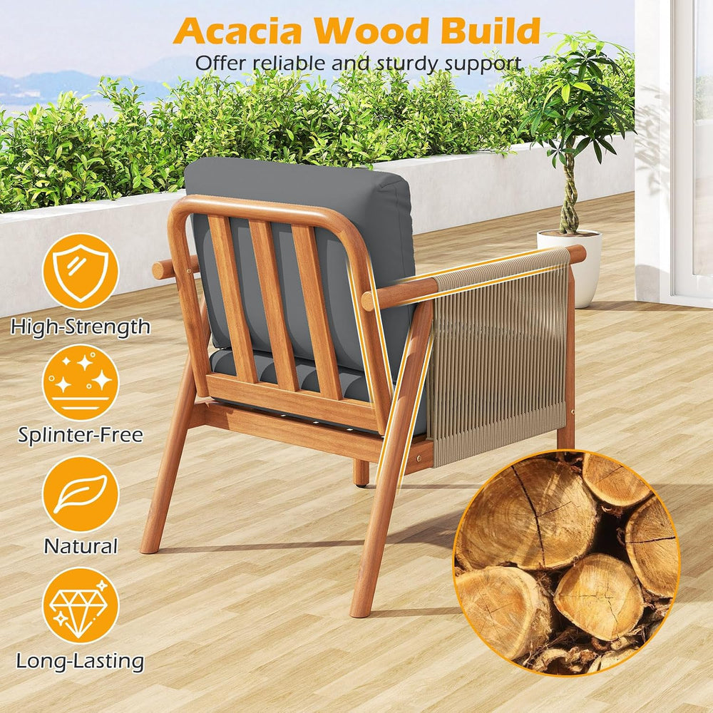 Tangkula Acacia Wood Patio Club Chair Set of 4, Boho Accent Chair with Woven ...