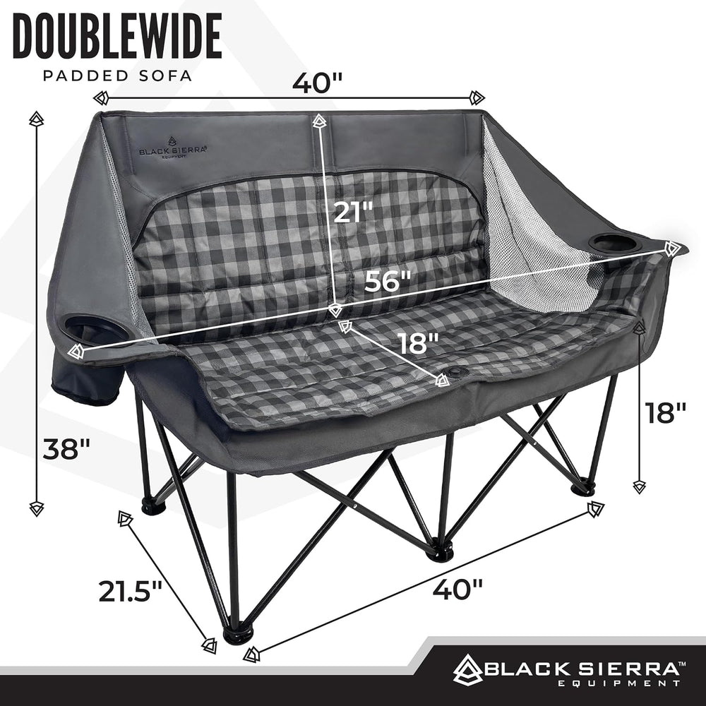 Black Sierra Double Camping Chair Loveseat, Oversized Padded, 600 lb