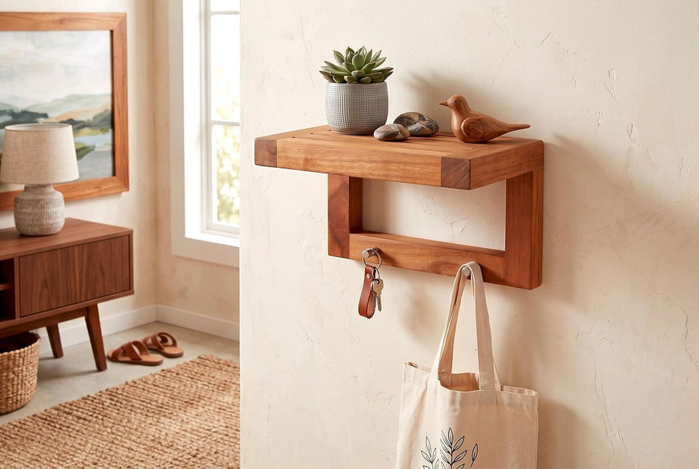 AquaTeak 12" Moa Floating Teak Wall Shelf with Hooks