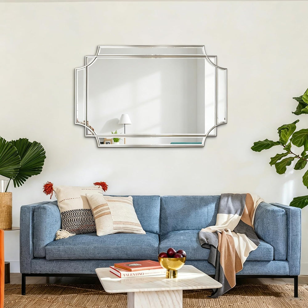 36"x24" Geometric Decorative Beveled Mirror with Silver Wood Frame