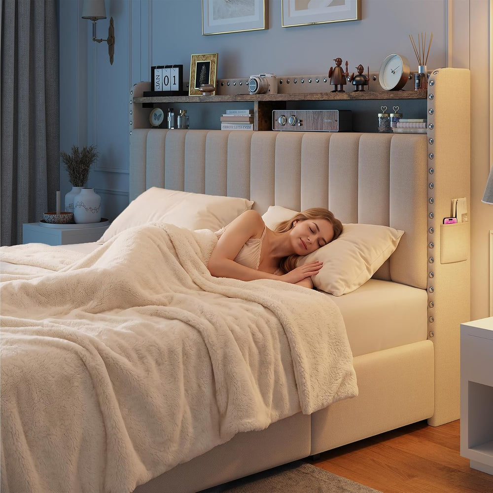 EnHomee Queen Bed Frame with 3 Storage Drawers & Headboard,Upholstered
