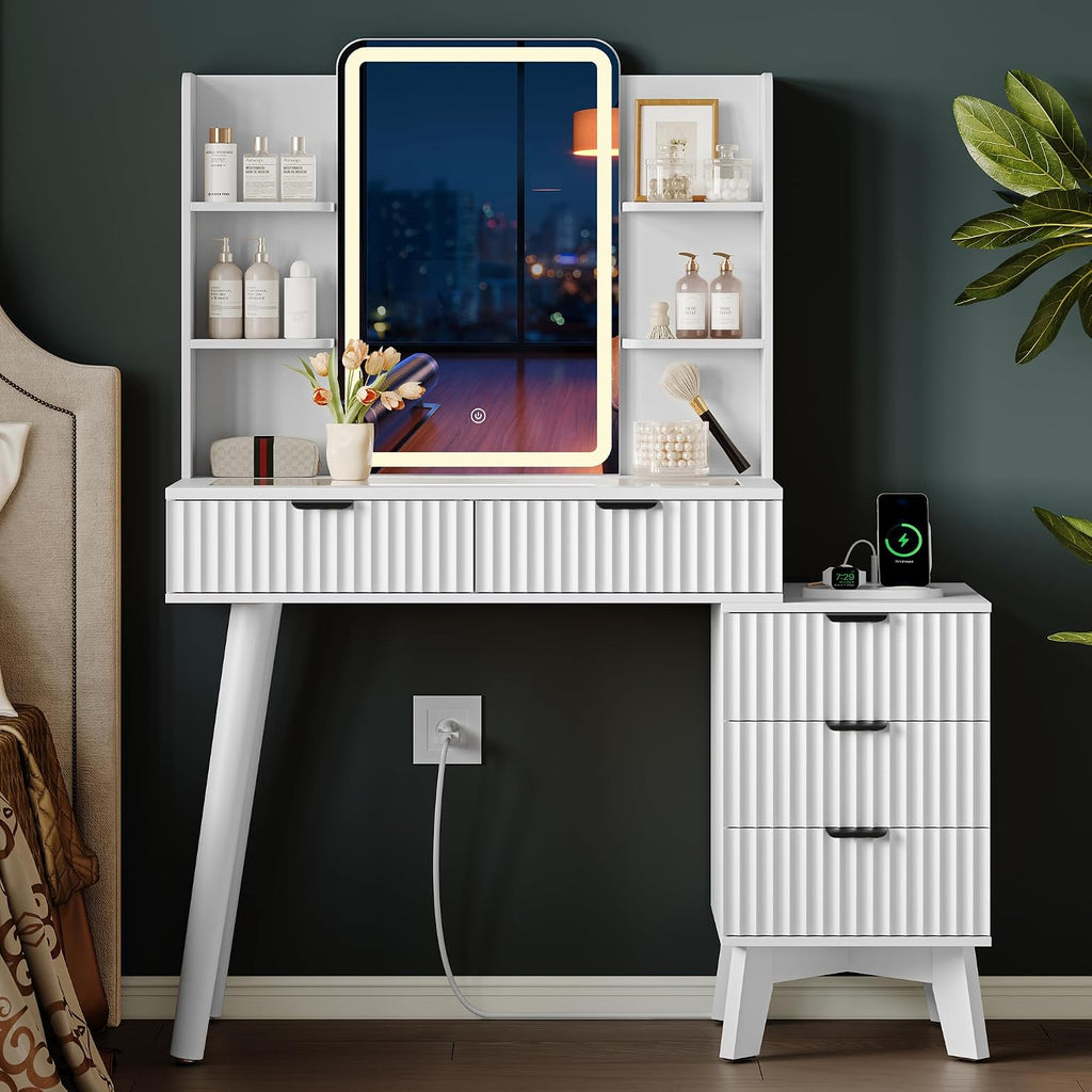 Xixini Fluted Vanity Desk with LED Lights Mirror & Charging Station, White