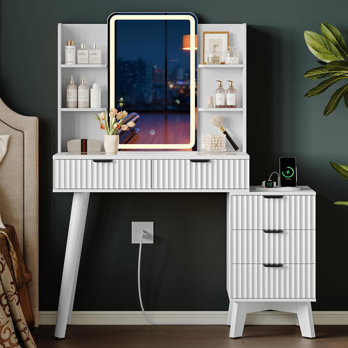 Xixini Fluted Vanity Desk with LED Lights Mirror & Charging Station, White