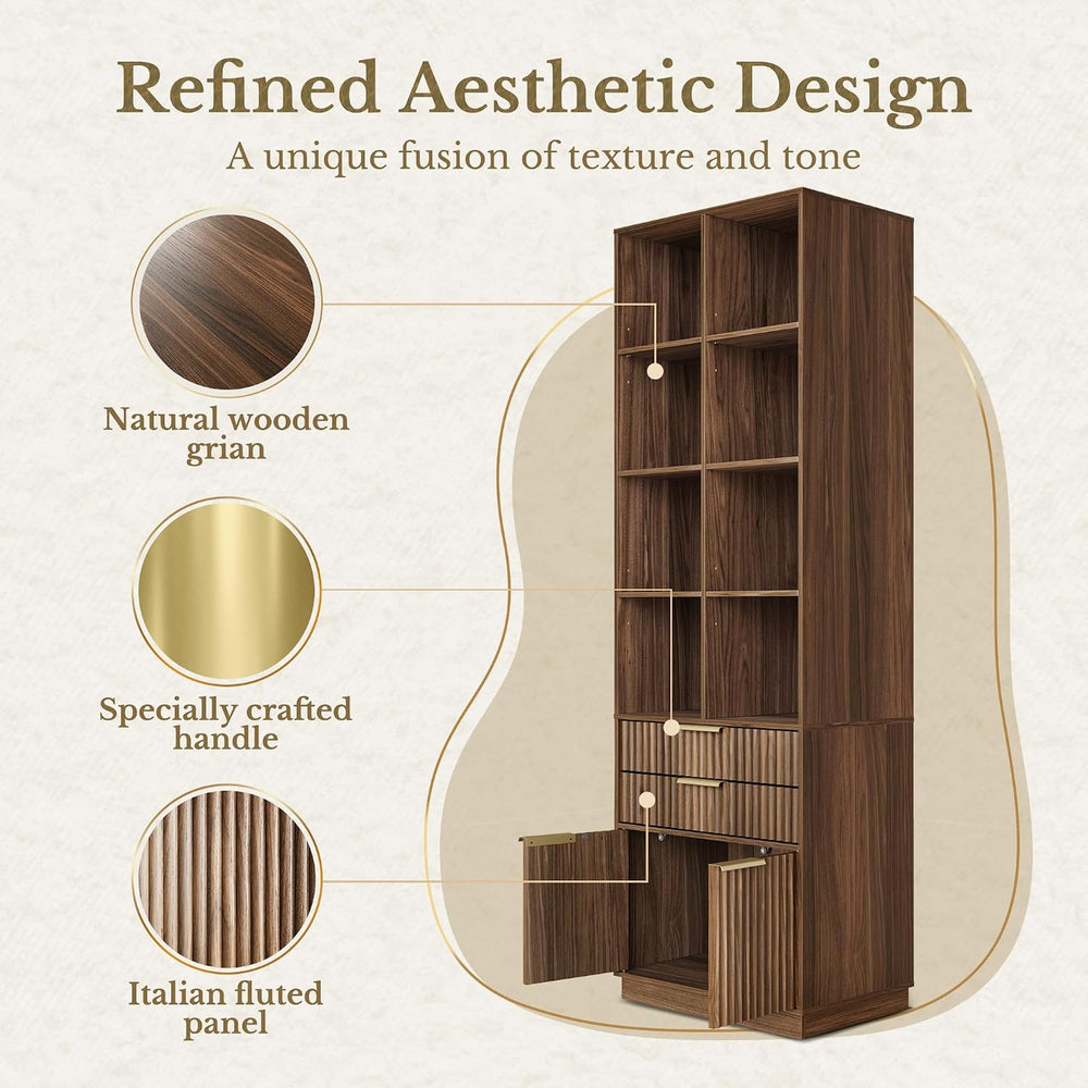 73'' Fluted Bookshelf with Doors and 2 Drawers, Black Walnut
