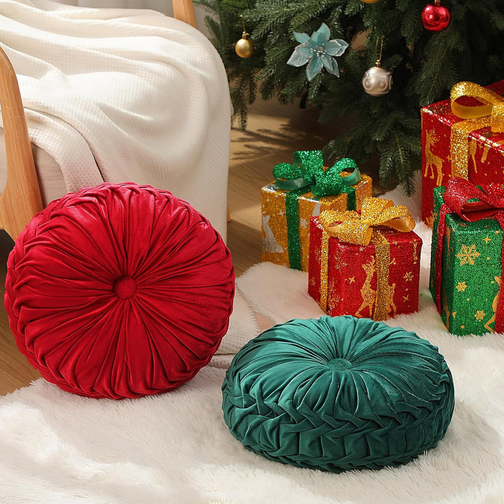 Beeveer 2 Pcs Round Throw Pillows Velvet Pleated Pillows, Red and Green