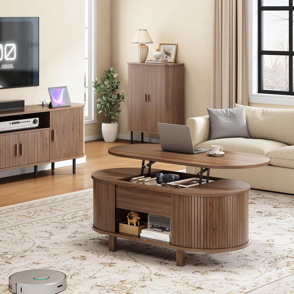 ONBRILL 43.3" Oval Lift Top Fluted Coffee Table with Sliding Door, Walnut