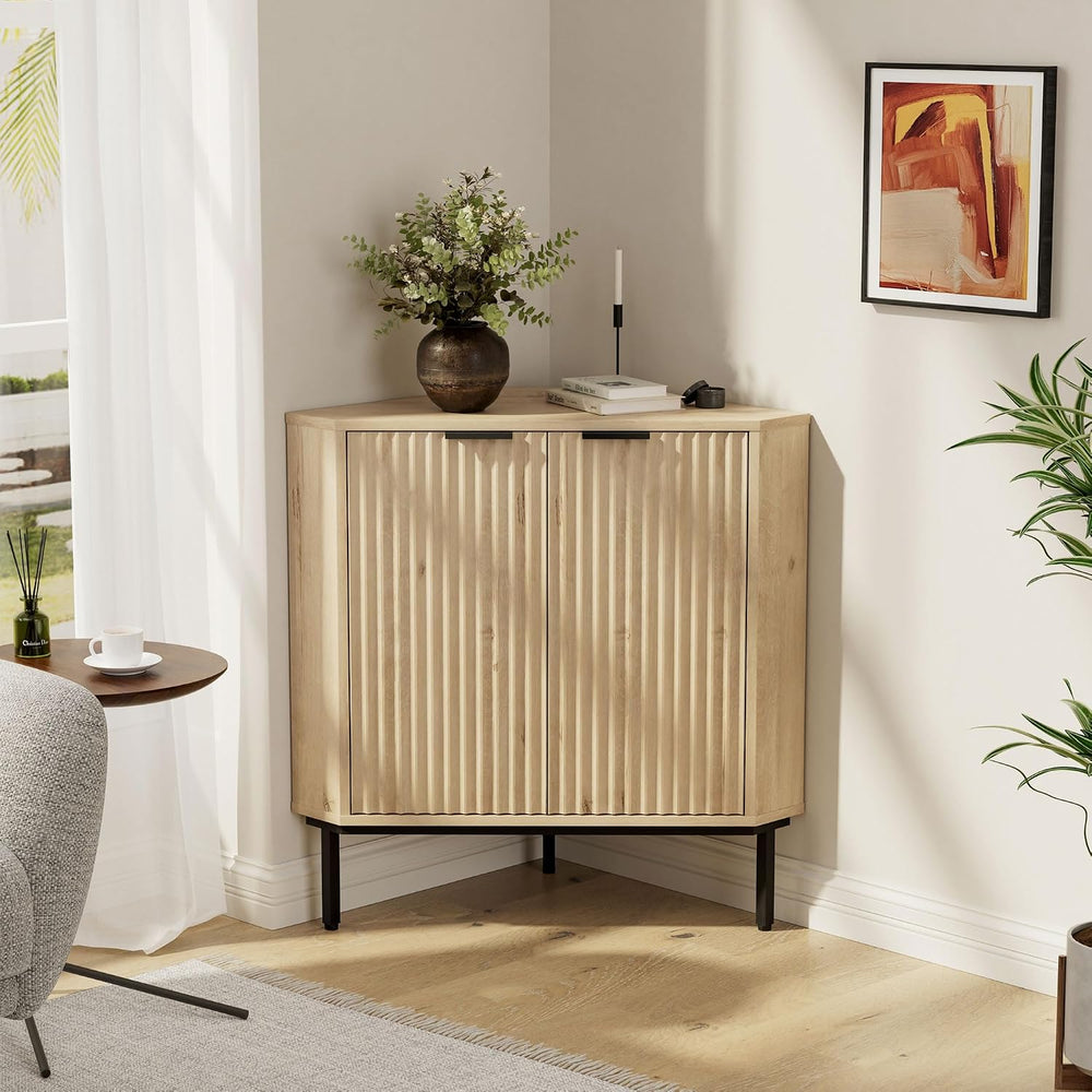 Modern Corner Cabinet, Fluted Wood Floor Storage Cabinet with Adjustable Shel...