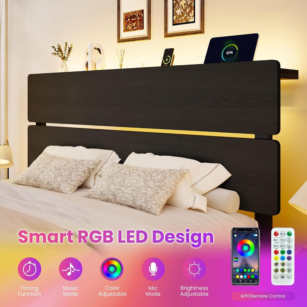 SHA CERLIN Queen Size Bed Frame, Led Light, Charging Station, Storage Shelf