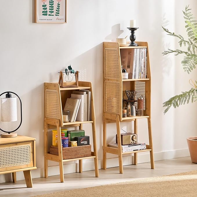 Welnow Bamboo Rattan Bookcase with Cabinet, 1-Tier Storage Shelf with Side Table & End Table Function, Large Modern Wood Organizer for Living Room or Bedroom, Natural Bookshelf