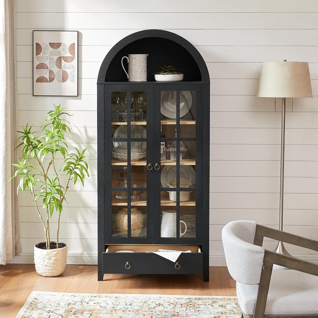RowyPoey 71" Tall Arched Cabinet Bookshelf with Glass Door & Storage Drawer