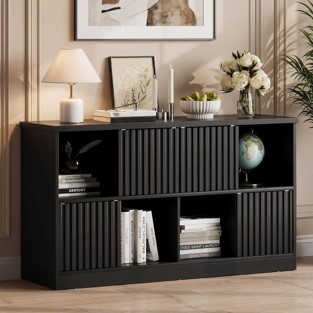 Einhomn 8 Cube Storage Organizer with Sliding Doors, Modern Fluted Bookshelf with Storage Cabinet, Wooden Bookcase with 4 Open Shelves for Living Room, Home Office, Bedroom, Black