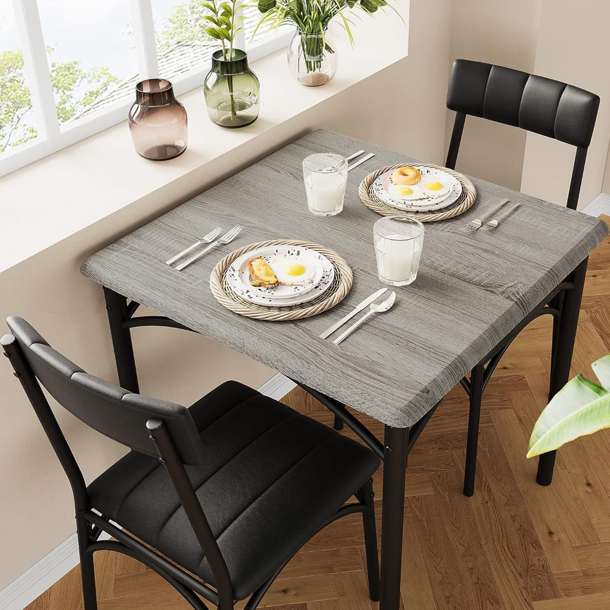 GAOMON Dining Table Set for 2, Kitchen Table and Chairs for 2 with Upholstered Chairs, 3 Piece Dining Room Table Set, Square Kitchen Table Set for Small Space, Apartment, Studio, Rustic Gray