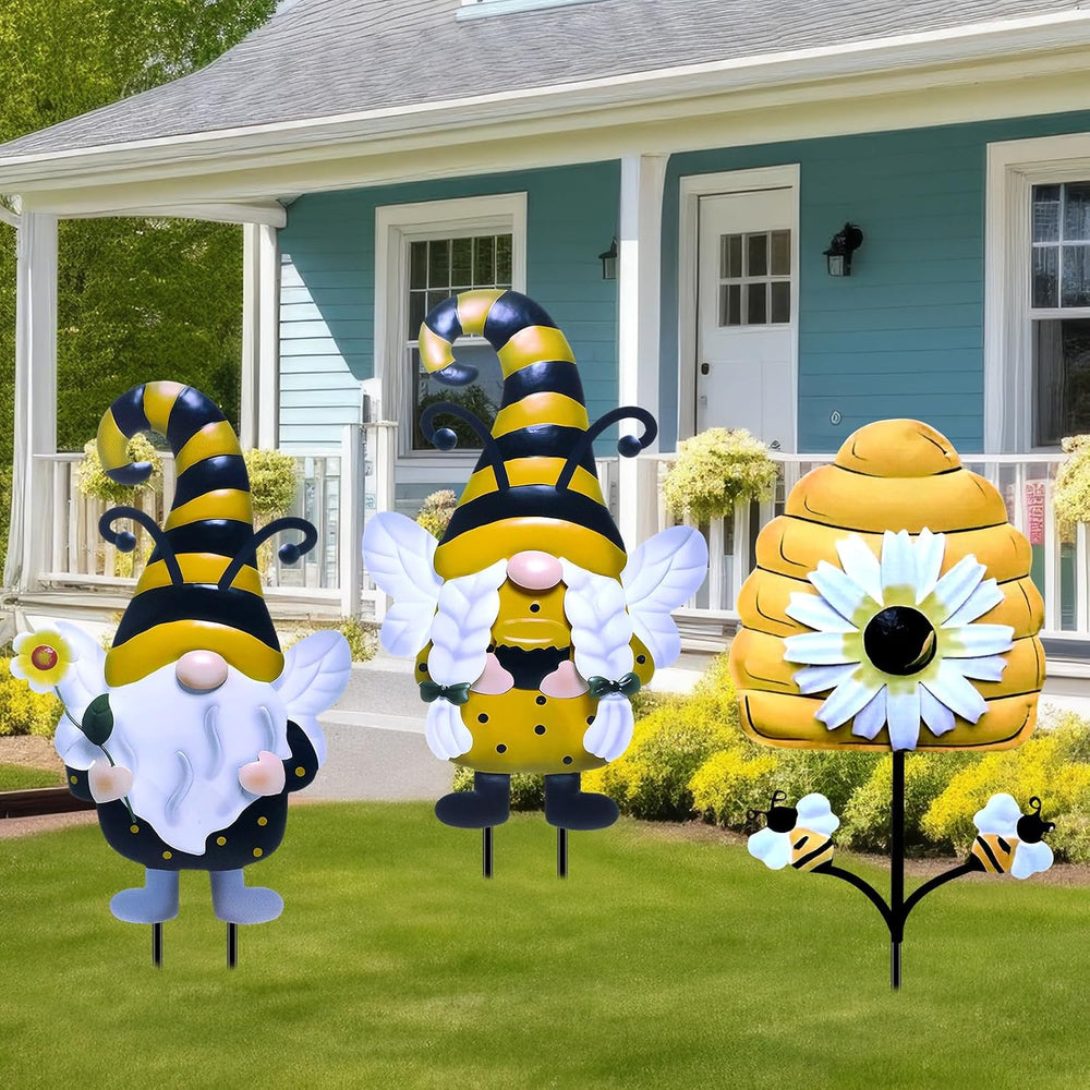 Cinnvoice 3 Pcs Metal Gnome Yard Stakes Bee Spring Garden Decor 25.4"