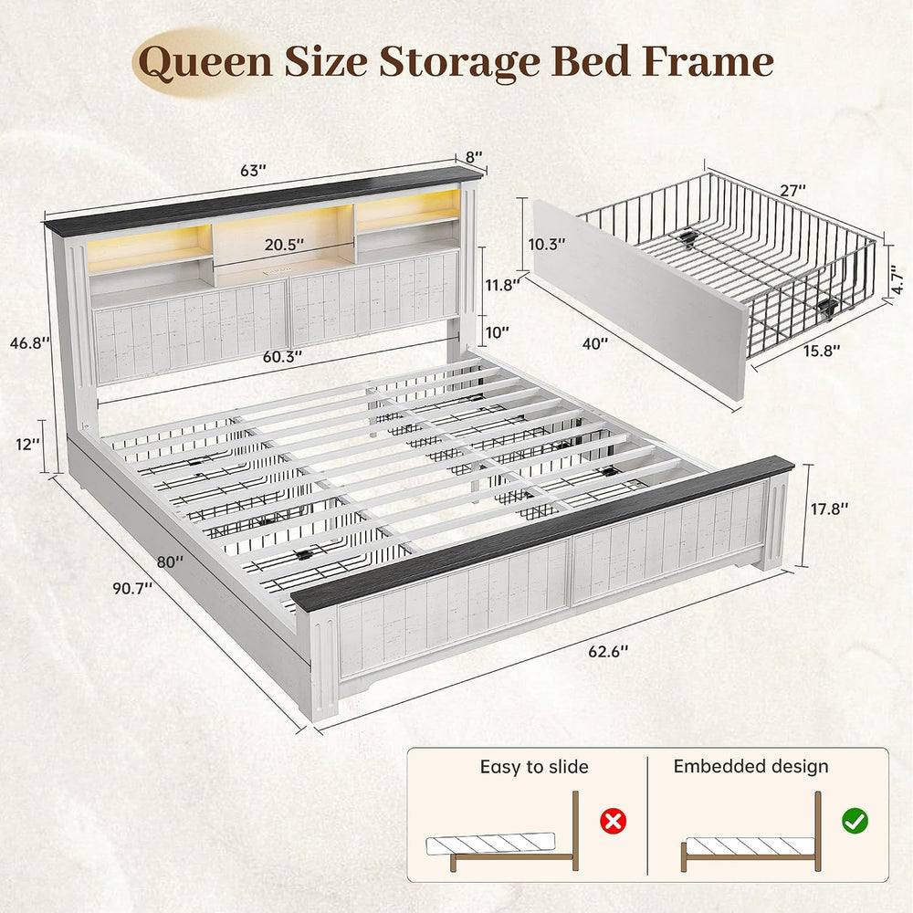 EnHomee Queen Bed Frame with 4 Drawers and Headboard Storage Shelf,White