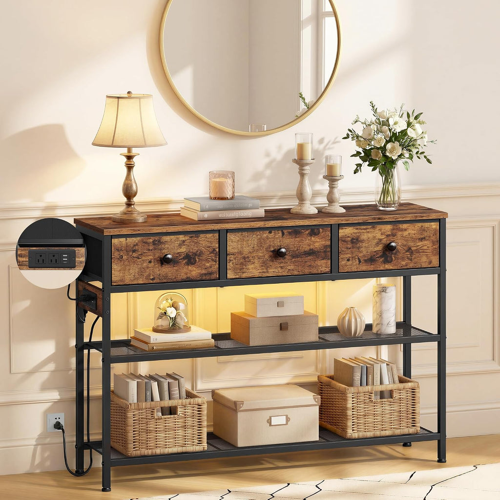SONGMICS Console Table with Charging Station, Narrow Sofa Table with LED Lighting, for Entryway, Living Room, 11.8 x 38.9 x 31 Inches, 3 Fabric Drawers, Rustic Brown, BELLAH Collection ULGS198K101