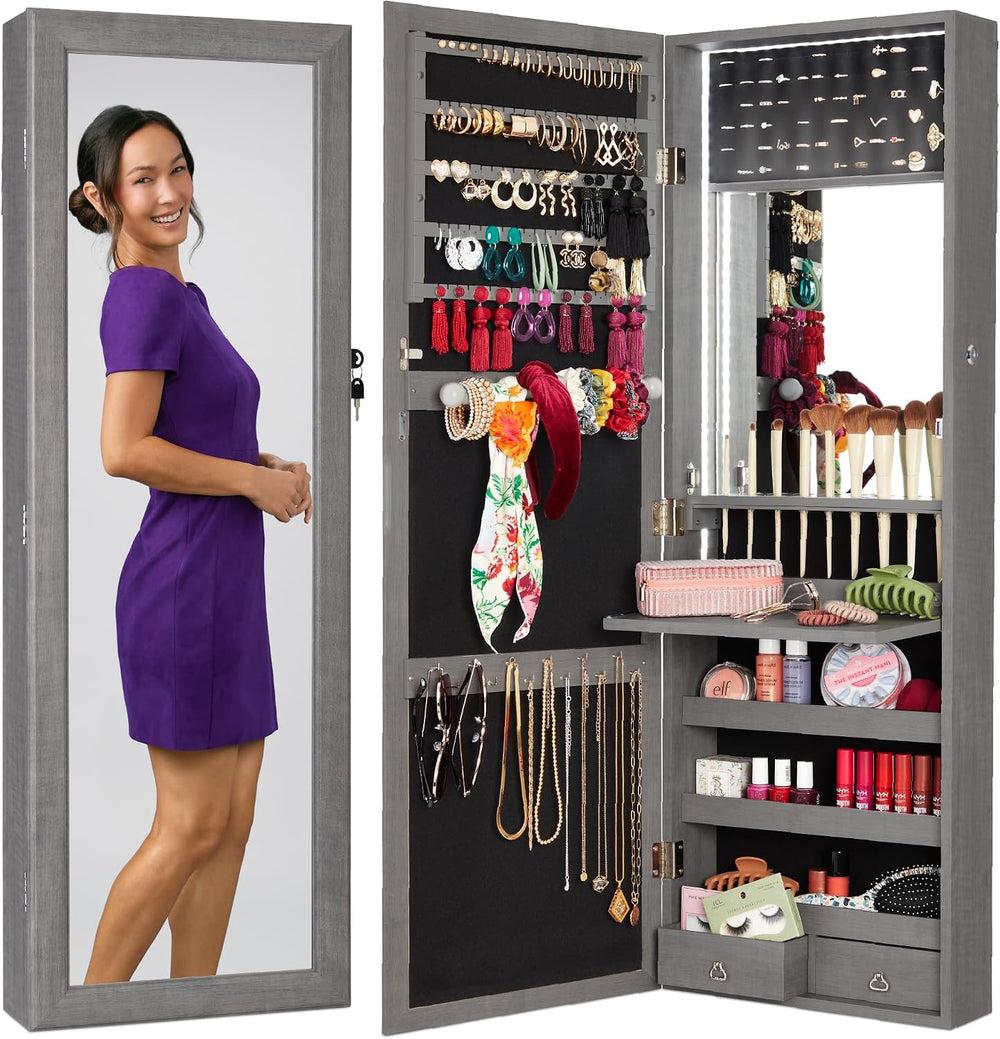 Best Choice Products LED Mirror Jewelry Cabinet, Tall Lockable Wall or Door M...