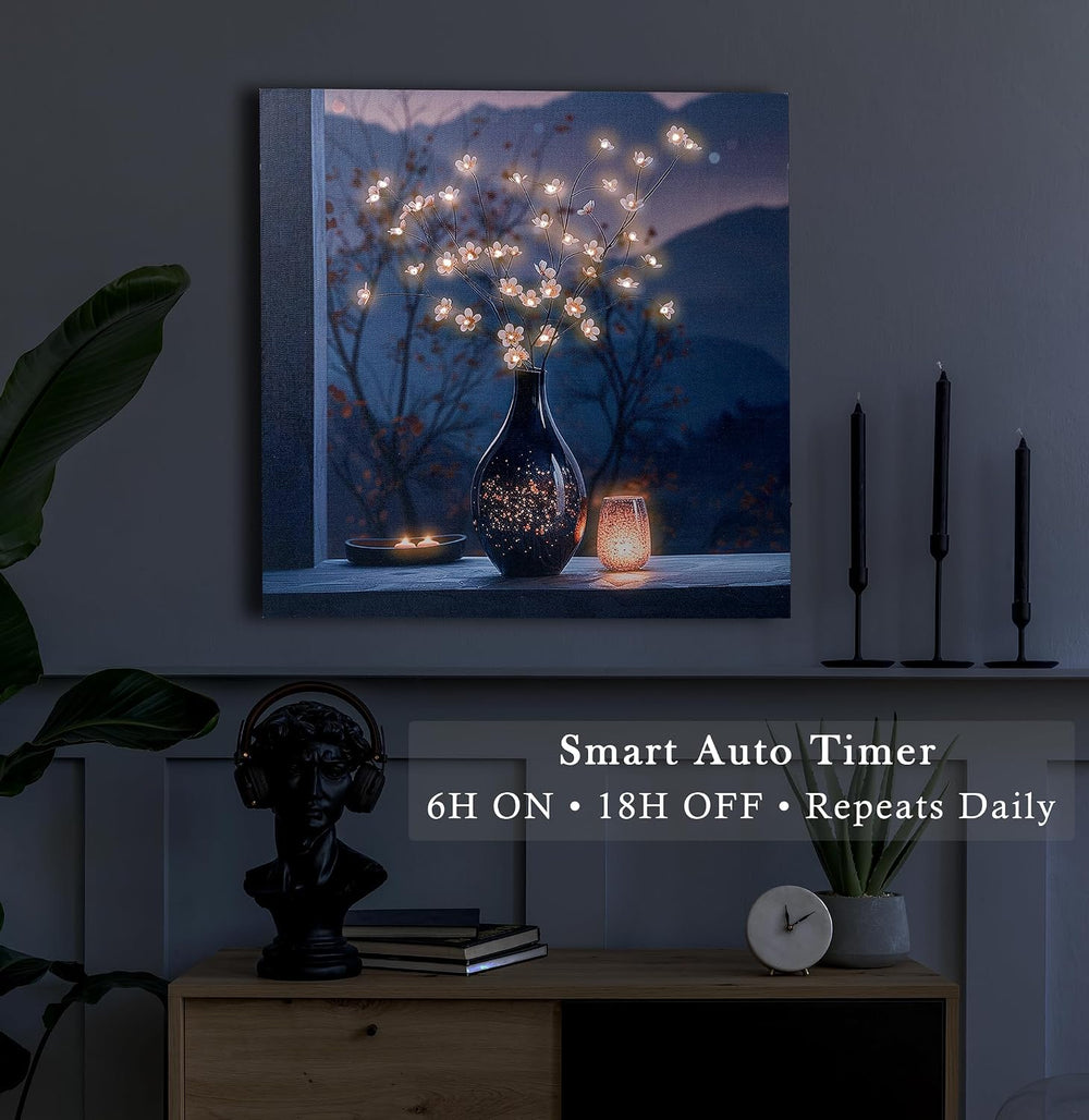 LED Cherry Blossom Vase Canvas Wall Art, Light Up Floral Picture with Black V...