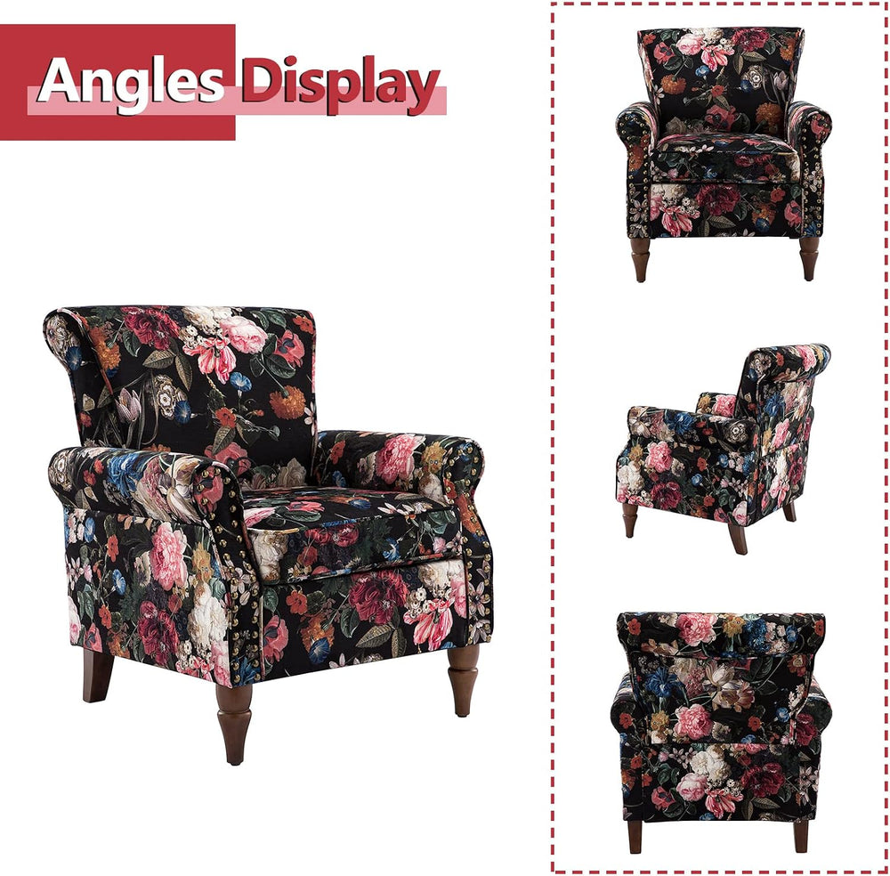 HULALA HOME Traditional Floral Accent Chair with Solid Wood Legs, Black